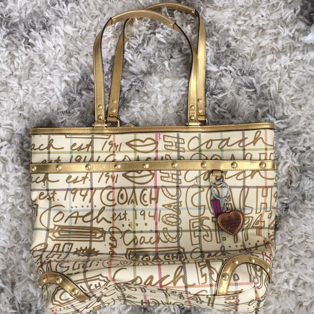 Large Coach Gold Graffiti tote